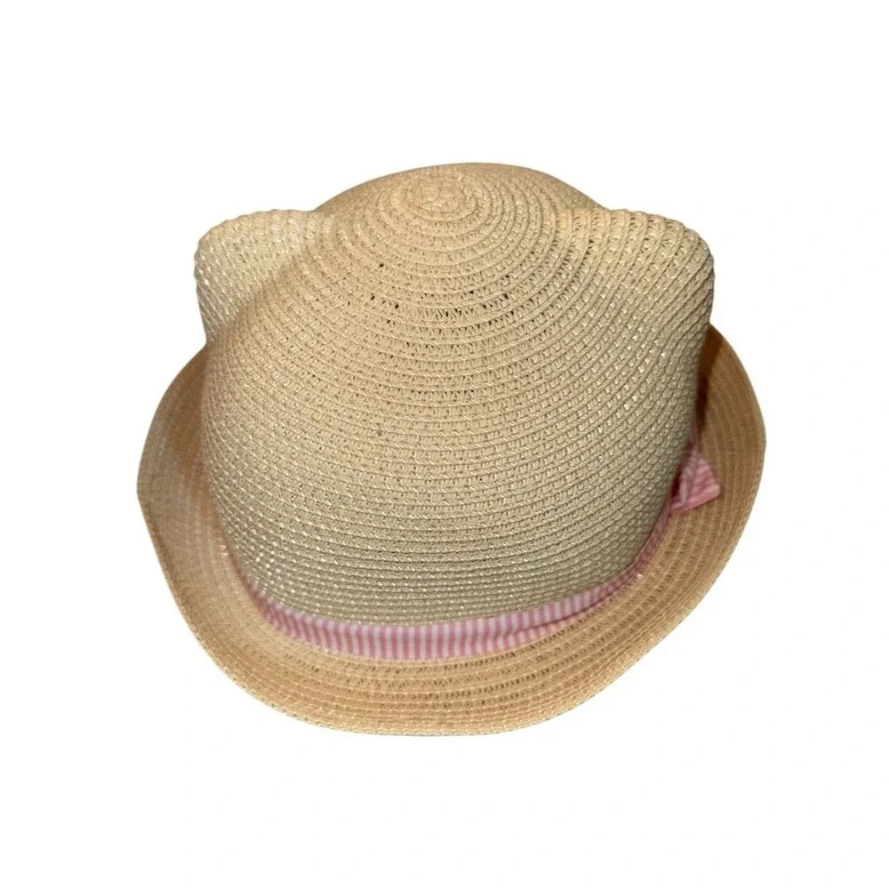 H&M Kids Straw Kitty ears Hat Beige with Eyelash‎ & Pink Ribbon Accents